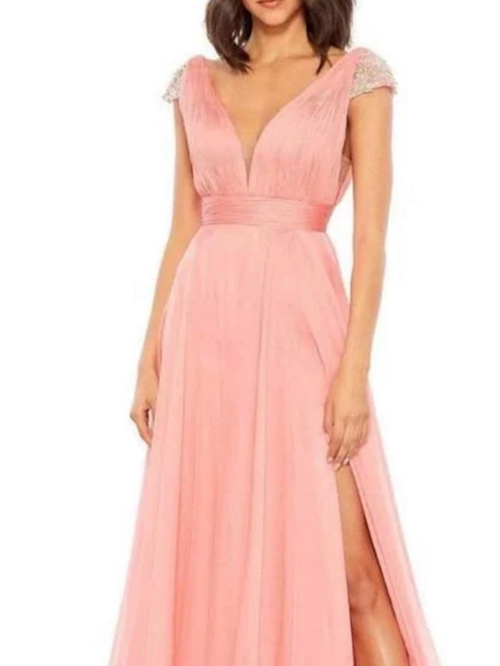 NWT Mac Duggal 67811 CHIFFON BEADED CAP SLEEVE A LINE GOWN Sz 10 Coral Pink